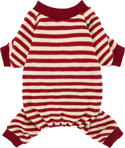 Fitwarm Red and White Striped Dog Pajamas, Waffle Dog Clothes for Small Dogs Girl Boy, Puppy Onesie with Feet, Pet Christmas Outfit, XL