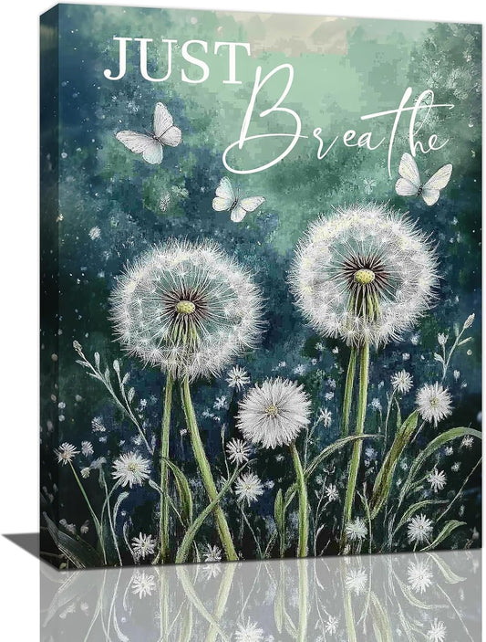 Dandelion Pictures Wall Art, Farmhouse Floral Bathroom Wall Decor, Rustic Nature Inspirational Framed Painting Butterfly White Flower Canvas Artwork for Bedroom Living Room Decorations 16"L x 12"W