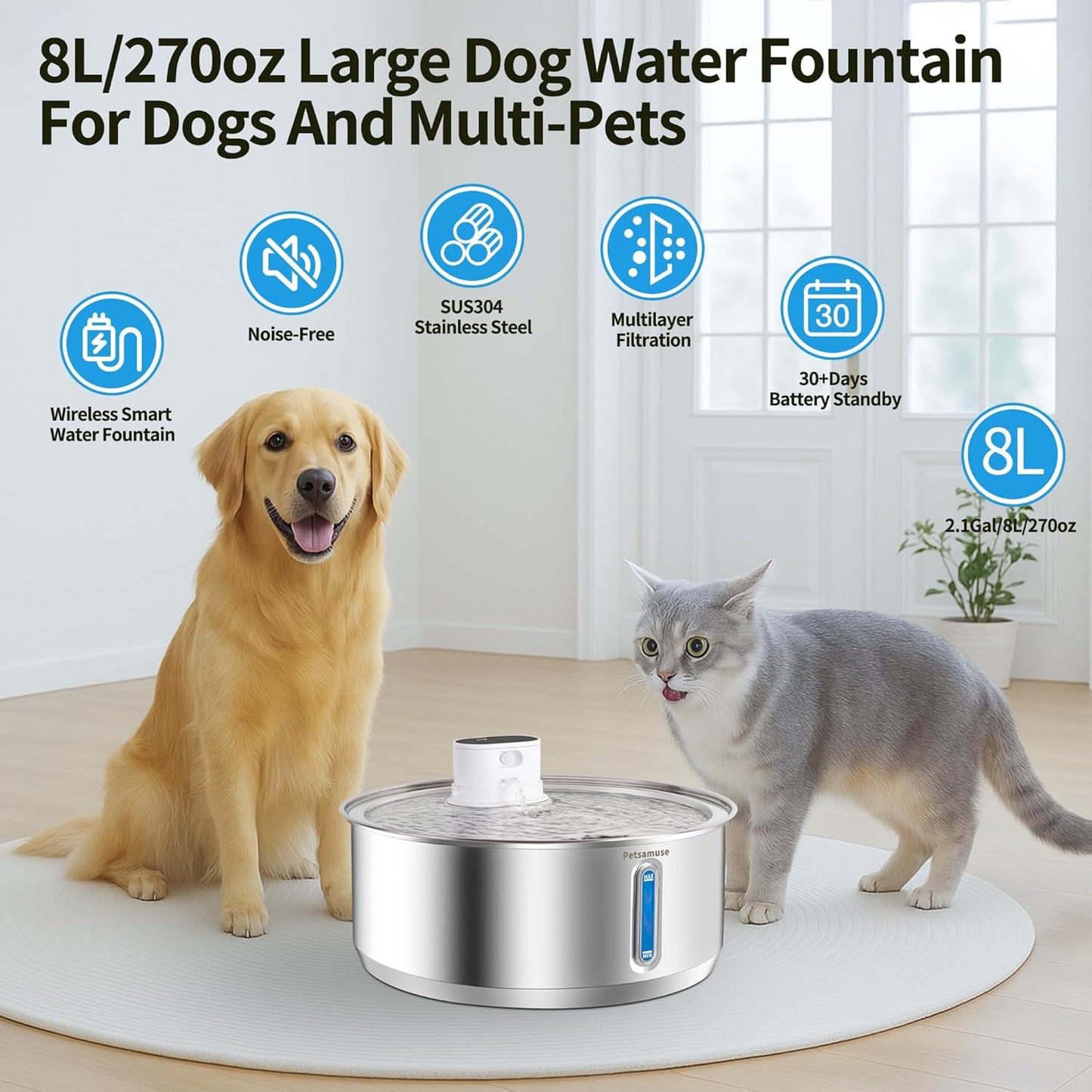 Stainless Steel Dog Water Fountain, 2.1Gal/8L Wireless Battery Operated Large Dog Water Bowl Dispenser Motion Sensor Water Fountain Dog Bowl Inside with 13 Filters and 2 Ultra Quiet Pumps