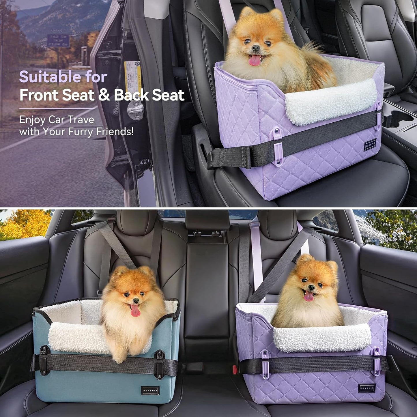 PETSFIT Dog Car Seats for Small Dogs, Patent Safe Buckles Cat Car Seat, Car Seat for Dogs with Safety Belt, Suitable for Small Pets Up to 25lbs (Lavender Purple)