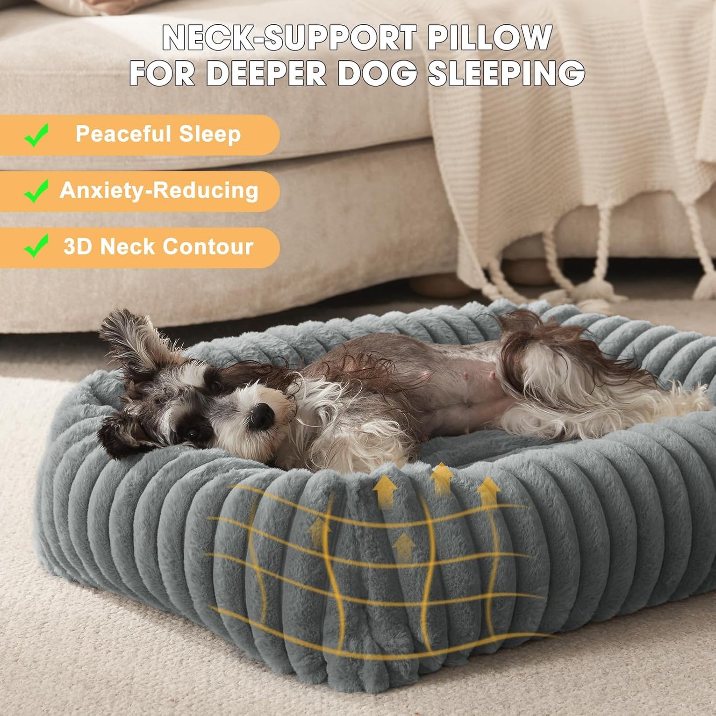 Dog Beds for Small Dogs, Washable Orthopedic Dog Bed with Removable Cover, Rectangle Soft Calming Sleeping Puppy Bed Durable Pet Cuddler with Anti-Slip Bottom, 20"x19"x6" Grey