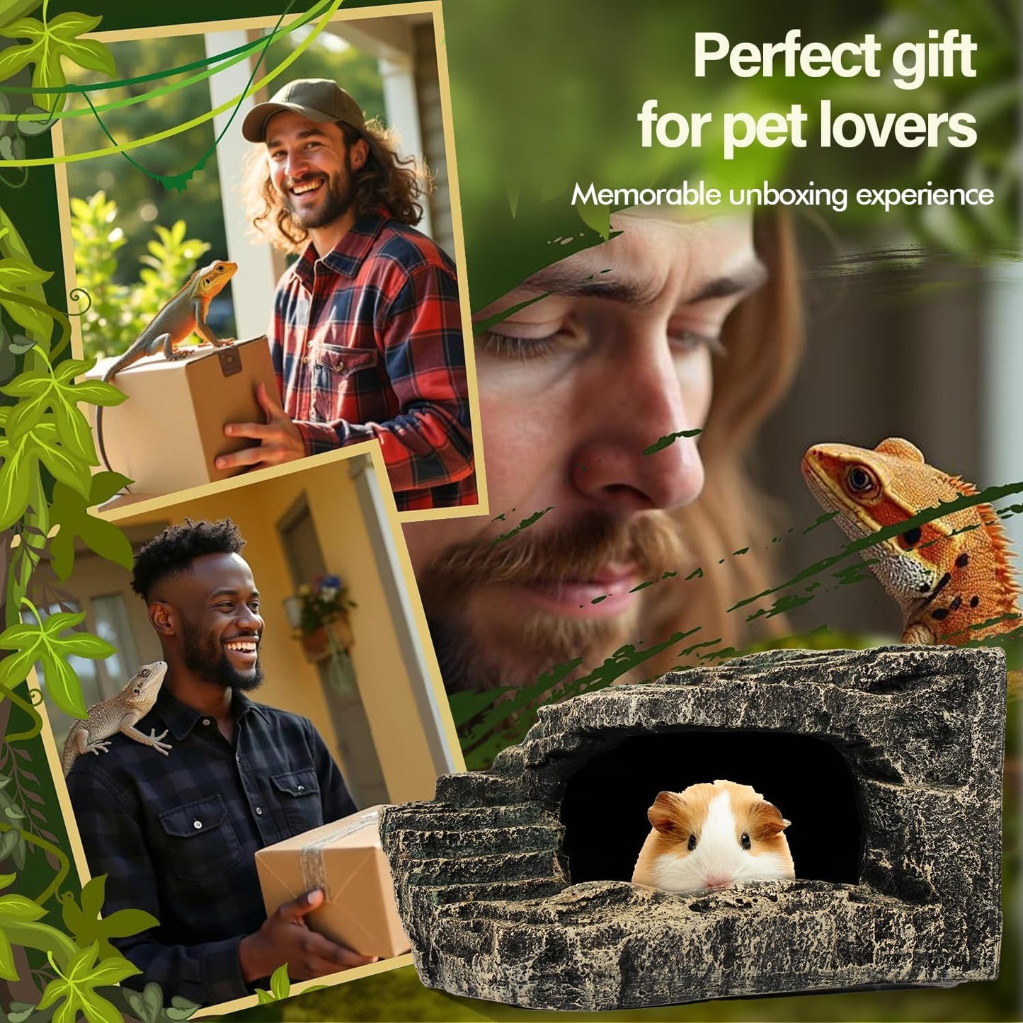 Reptile Hide, Great for Geckos, Snakes, Bearded Dragons & Lizards. with Steps for Reptile Rock Climbing, It Doubles as Aquarium Rock Cave Corner Reptile Cave for Climbing Hiding. (Stone, A-XLarge)