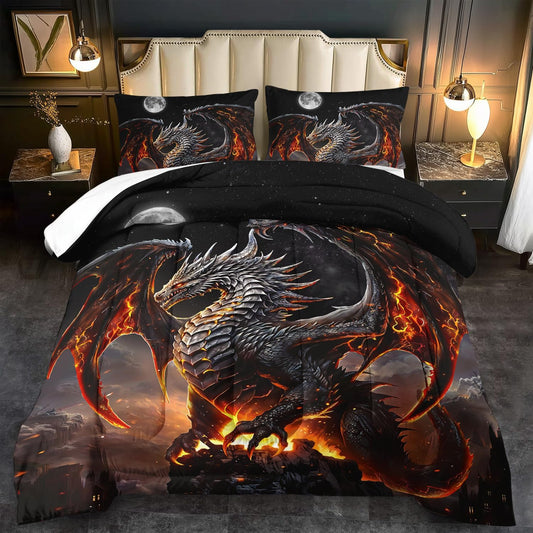 Black Dragon Comforter Set King Adult,Flame Dragon Bedding Set for Boys,Magical Beast Bedding Fantasy Animal Comforter Beedroom Decor,Magical Beast Quilt Bed Decor