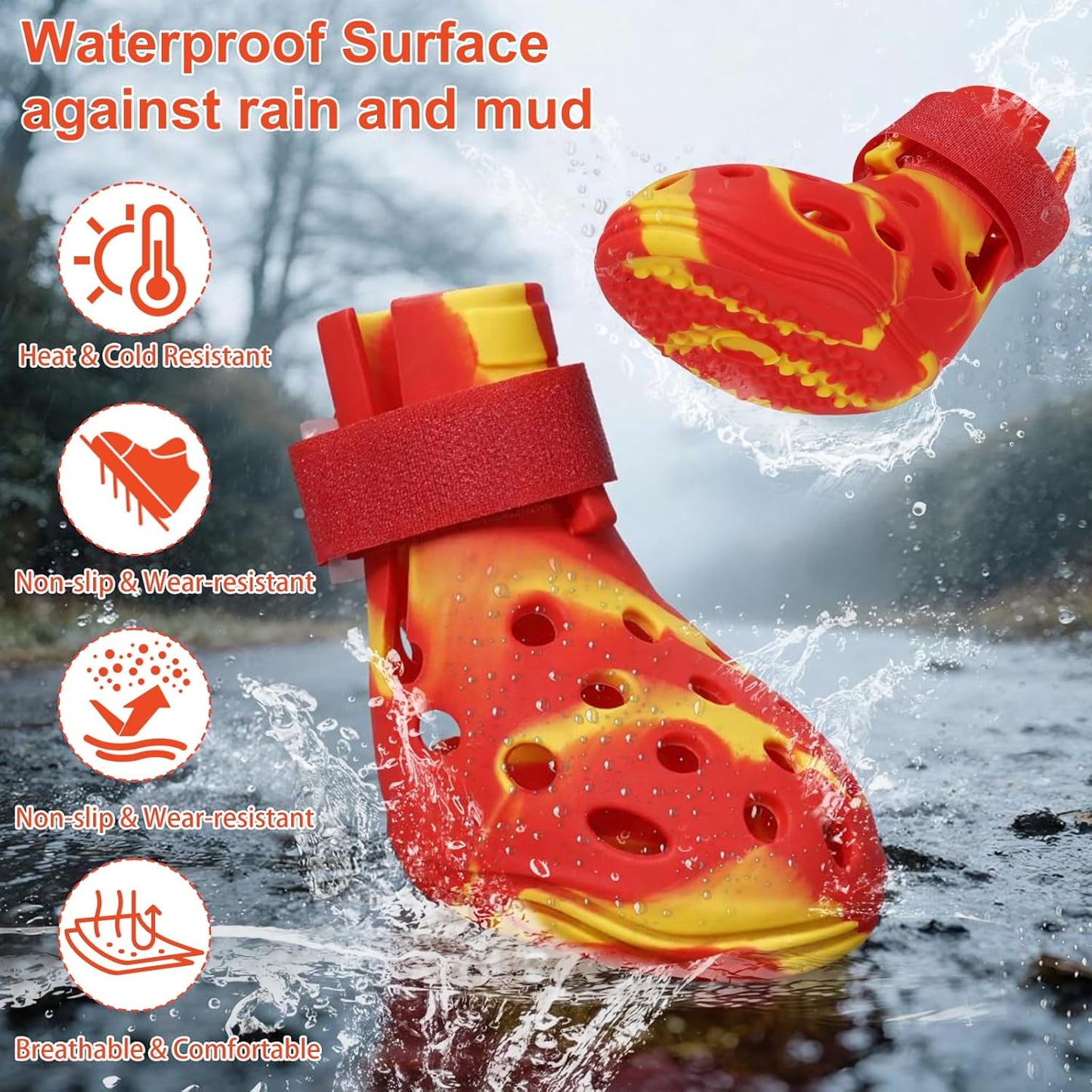 Dog Shoes for Hot Pavement and Snow, Silicone Dog Booties for Small Medium Large Dogs, Waterproof Paw Protectors- Non-Slip, Adjustable Straps, Dog Boots for Beach/Rain/Hiking (Yellow Red, M)