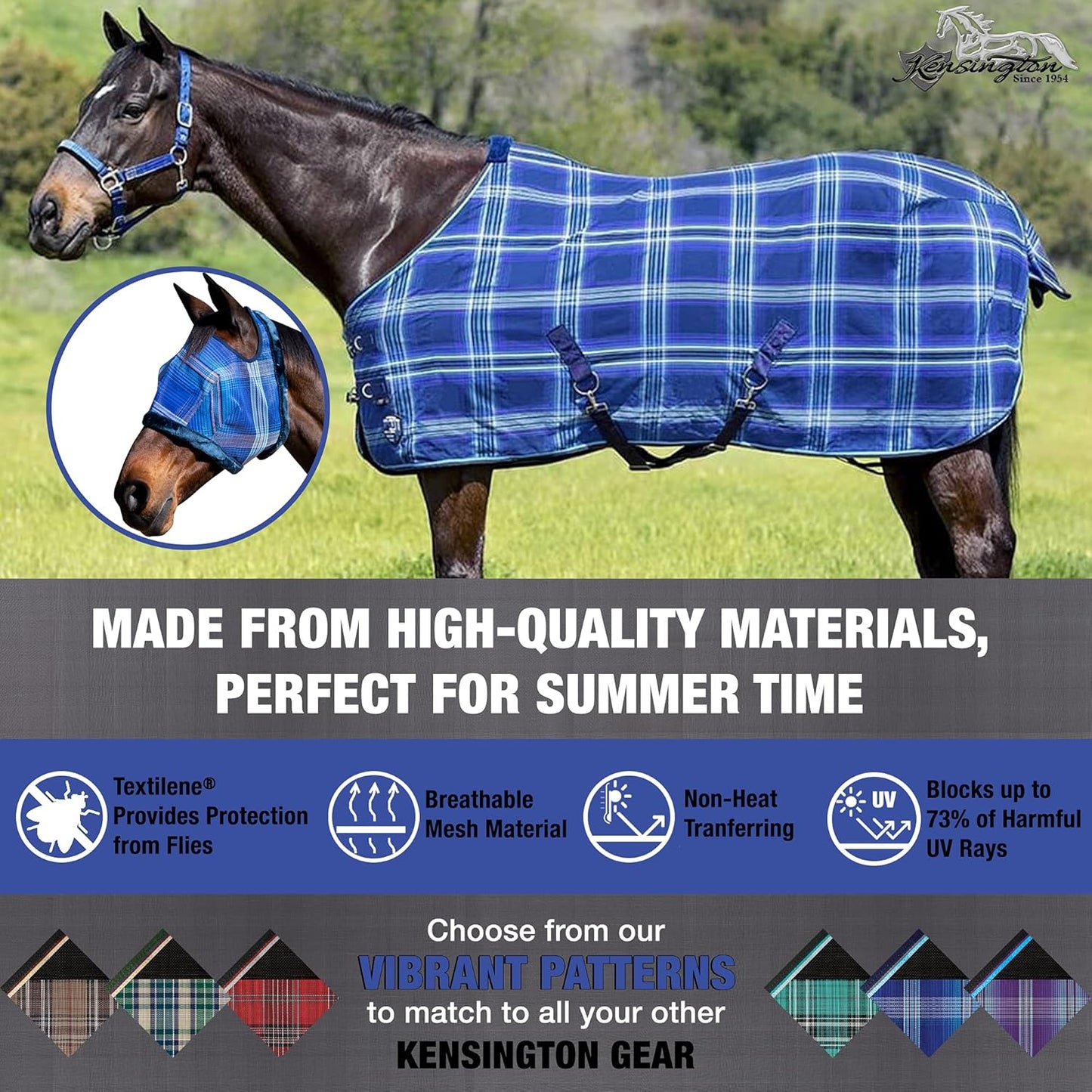 Kensington Fly Mask with Fleece Trim for Horses — Protects Face and Eyes Helps Block Sun Rays While Allowing Full Visibility — Breathable and Non Heat Transferring