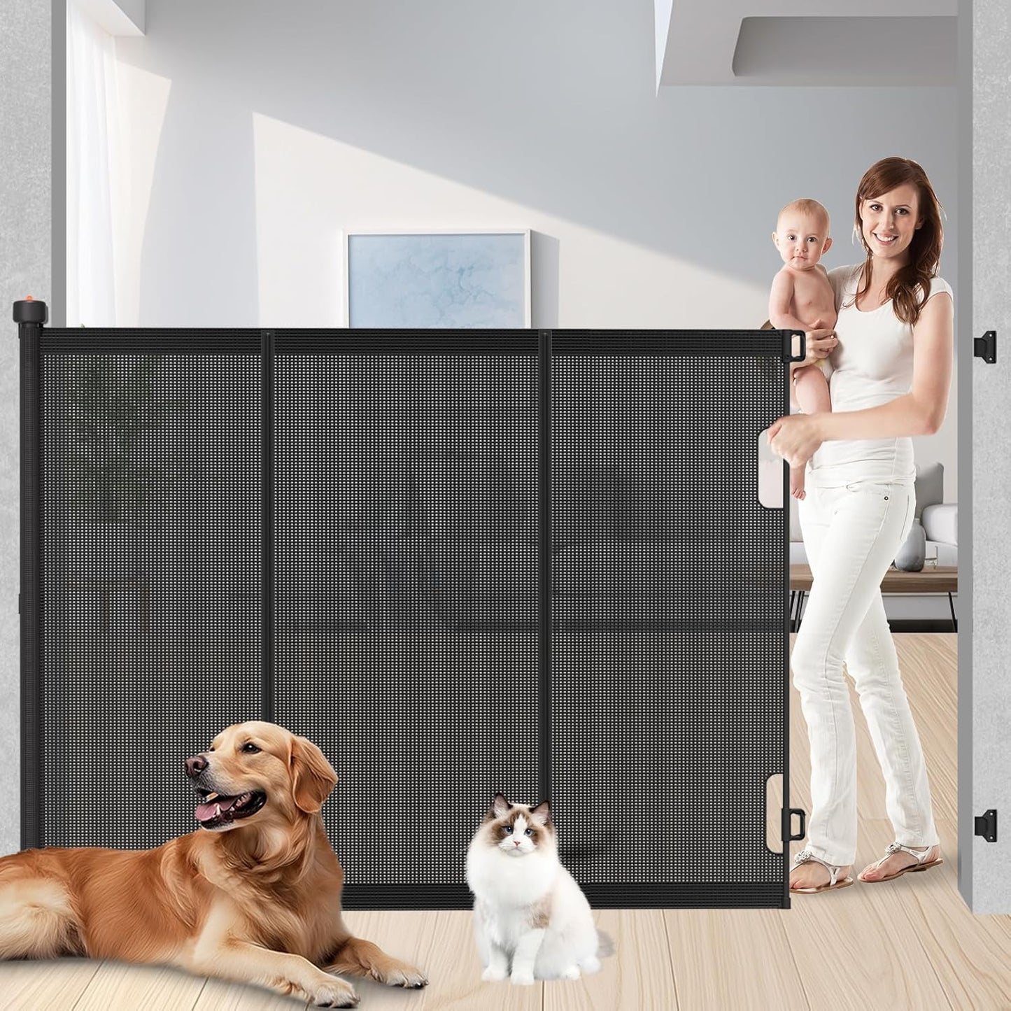 Extra Tall Retractable Baby Gates: 51" Tall Pet Gate, Extend up to 120" Wide, Mesh Baby Gate with Support Rods Jump-Proof Design for Cats & Large Dogs High Dog Cat Door Indoor Outdoor, Black