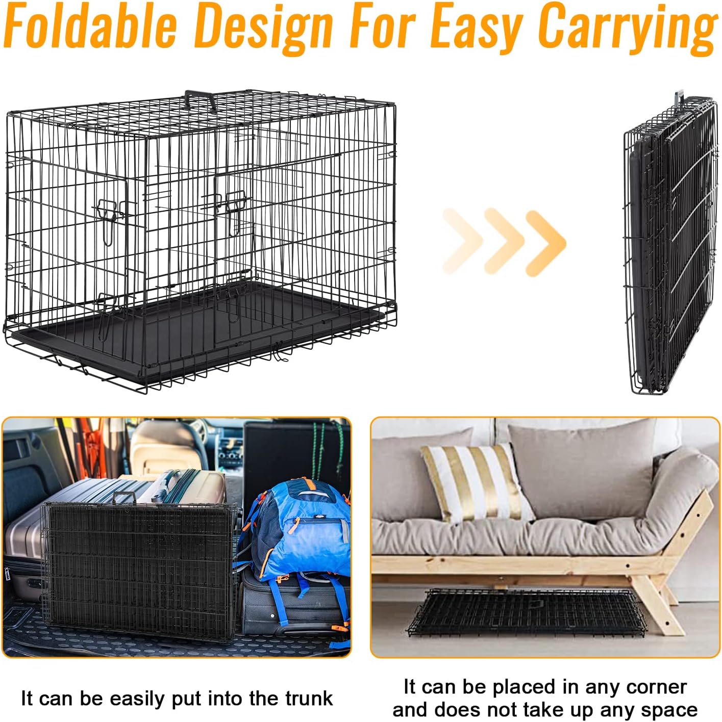 FDW Dog Crate for Medium Dogs 30 Inch Folding Metal WirePet Cage Double Door W/Divider Panel Indoor Outdoor Kennel Leak-Proof Plastic Tray,Black