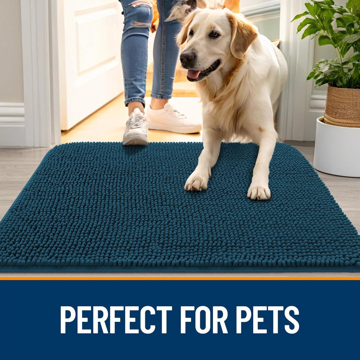 OLANLY Dog Door Mat for Muddy Paws 34x21, Absorbs Moisture and Dirt, Absorbent Non-Slip Washable Doormat, Quick Dry Chenille Mud Mat, Entry Indoor Entryway Carpet for Inside Floor, Atlantic Blue