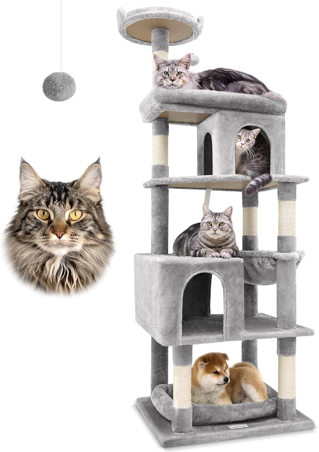 Globlazer Heavy Duty Cat Trees for Large Cats, Sturdy 72in Maine Coon Cat Tree for Large Cats 20 lbs+ Heavy Duty Cat Tower for Adult Biggest Cat with 6 Scratching Posts, Hammock, S72, Light Grey