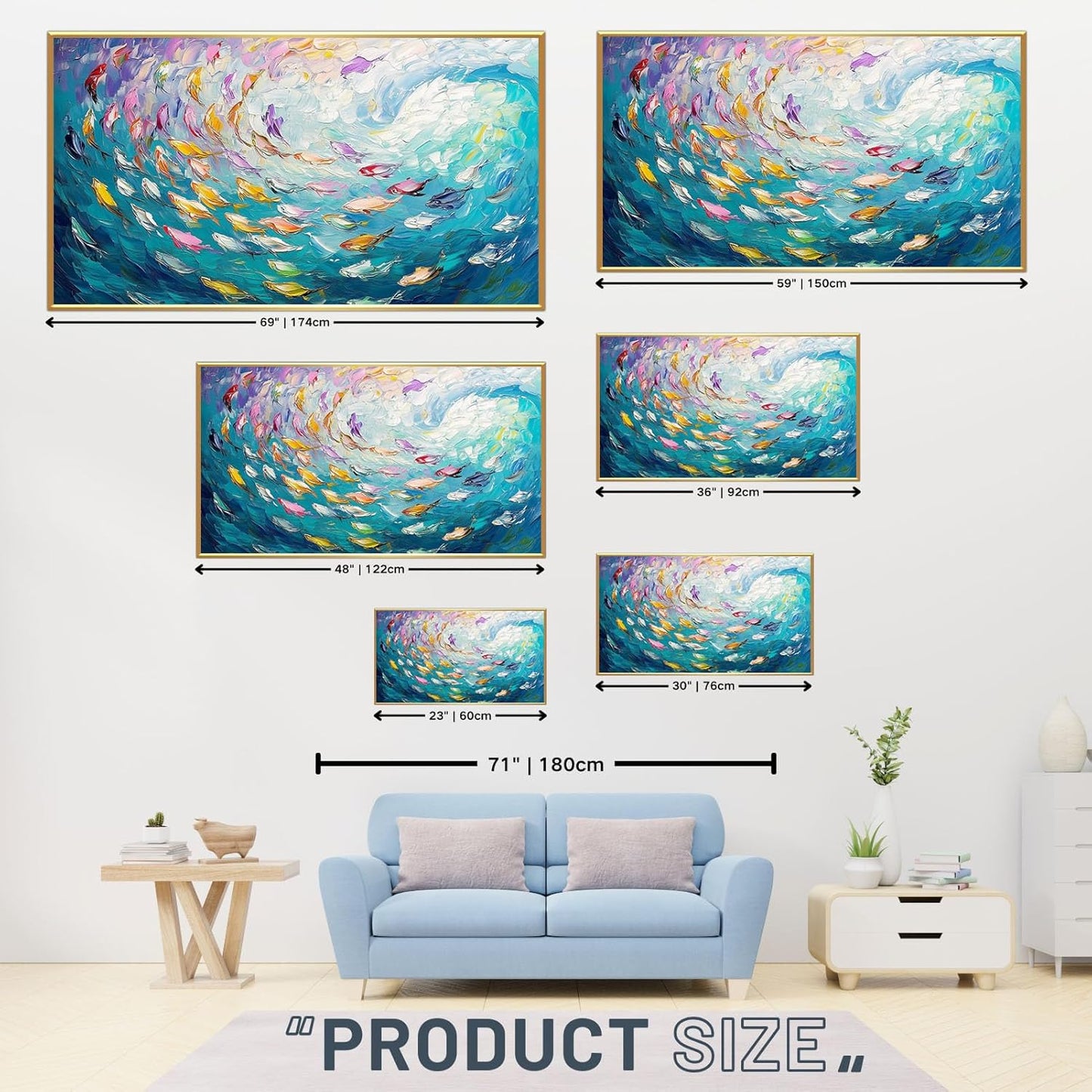 Fish Canvas Wall Art, Abstract School of Fish Canvas Wall Art, School of Fish Painting Canvas, School of Fish Wall Art, Fish Wall Decor, Fish Pictures Wall Decor, Bedroom Canvas Wall Decor (Black Framed, 23"x13" | 60x35cm)