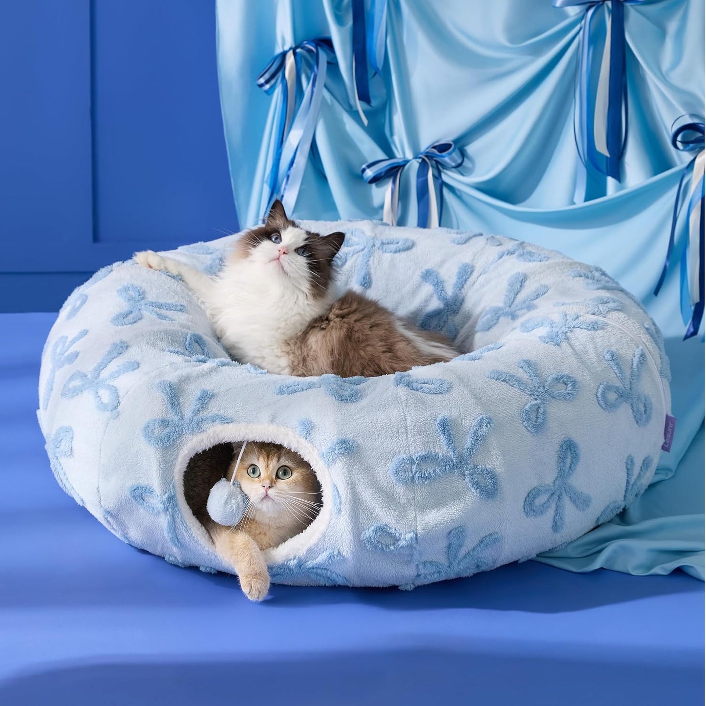 Lesure Cat Tunnel Bed for Indoor Cats - Cute Cat Donut Tunnel Toys with Washable Circle Cushion, Round Pet Peekaboo Cave Toy for Kitten/Puppy/Rabbit, Standard Ice Blue