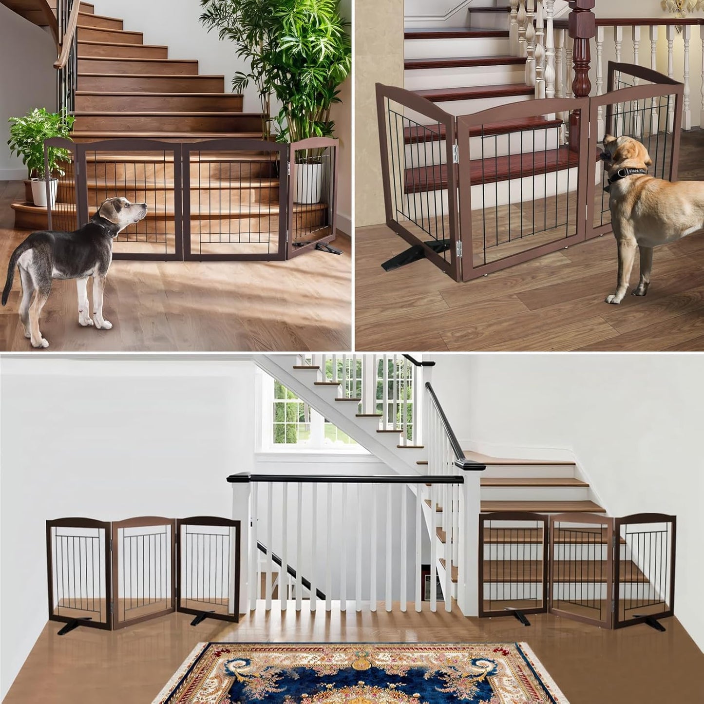 ZJSF Freestanding Dog Fence Indoor, Foldable Dog Gate for Doorways, Stairs or Hallways, Sturdy Wood Extra Wide Pet Gate with Support Feet for The House, Brown, 32 "Height-4 Panels