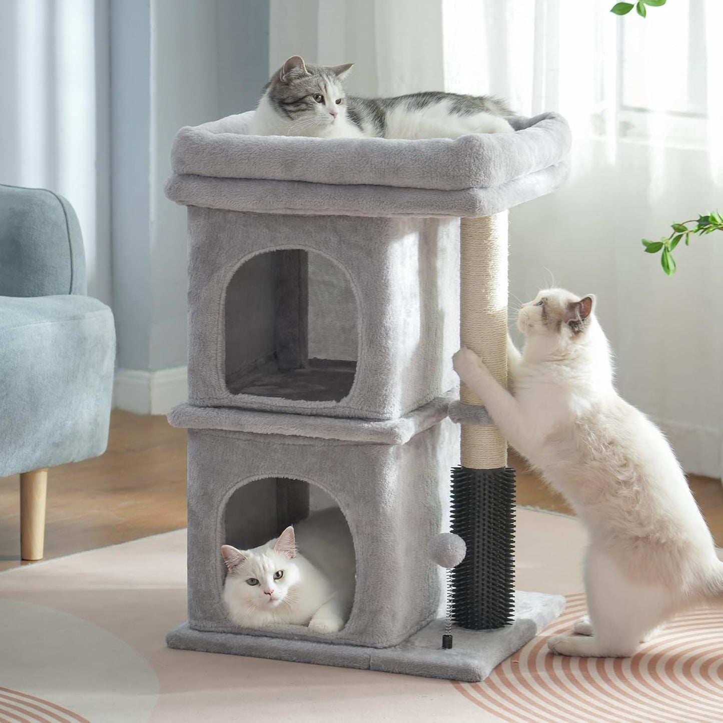 Cat Tree with Large Top Bed 17.7x15.7” Small Cat Tower with Dual Condos,28” Fully Scratching Post and Self Groomer for Indoor Cats-Grey