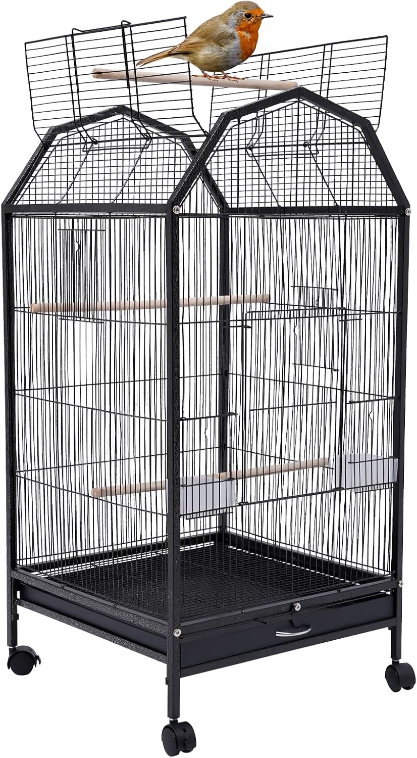 40-Inch Wrought Iron Bird Cage with Open-Top and Rolling Stand, Movable Parrot Cage Pet Bird Flight Cage, 360 Degree View Spacious Interactive Roof Pet Bird House for Medium&Small Birds