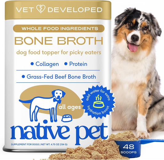 Native Pet Bone Broth for Dogs - Made with Real Beef Bone Broth, Dog Food Toppers for Picky Eaters - Provides Extra Hydration & Nutrition for Joint Strength, Immunity & Heart Health-48 Scoops