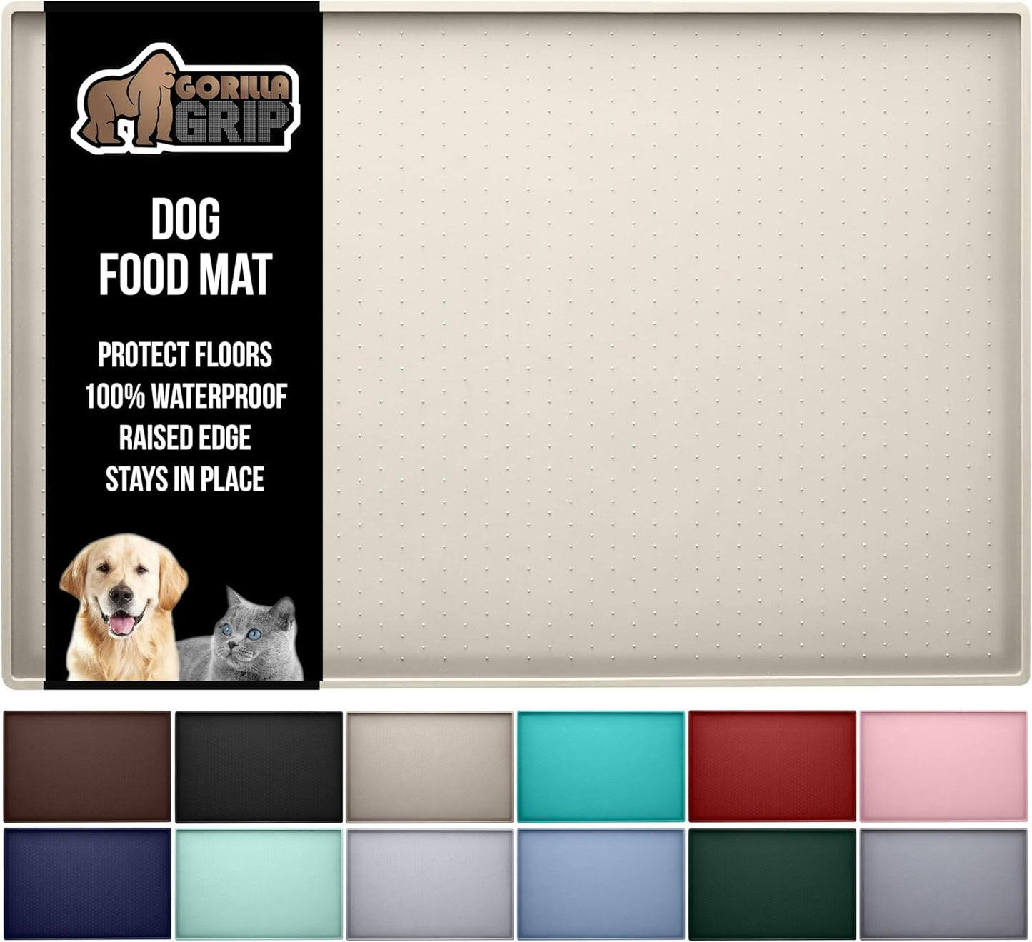 GORILLA GRIP 100% Waterproof Raised Edge BPA Free Silicone Pet Feeding Mat, Dog Cat Food Mats Contain Spills Protects Floors, Placemats for Cats and Dogs Water Bowl, Pets Accessories 28x18 Cream