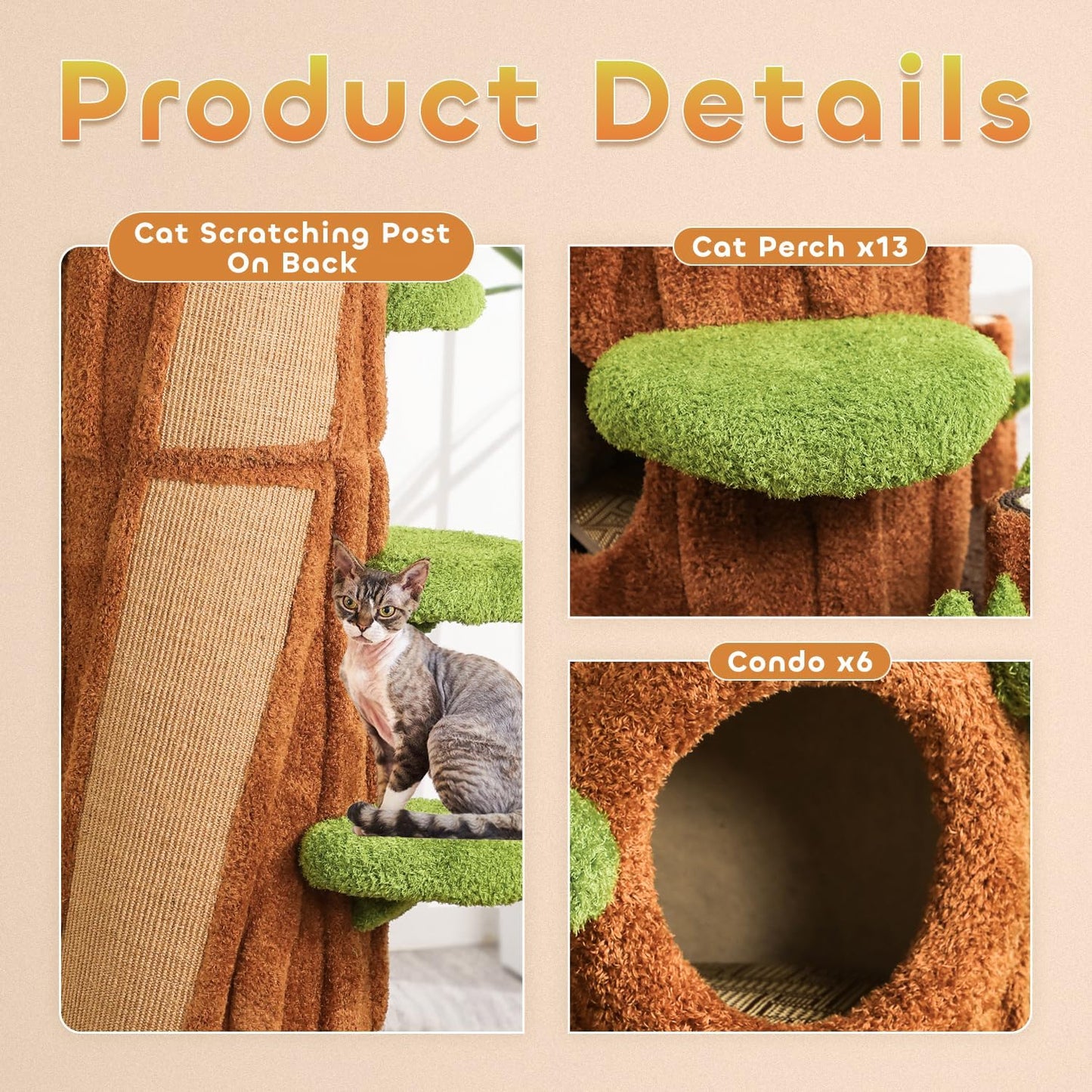 90.5'' Luxury Cat Tree with Scratching Pad, Wooden Cat Tower for Indoor Cats, Large Climber Tower, Tall Kitty Furniture, Multi-Level Condo for Multi-Cat Families