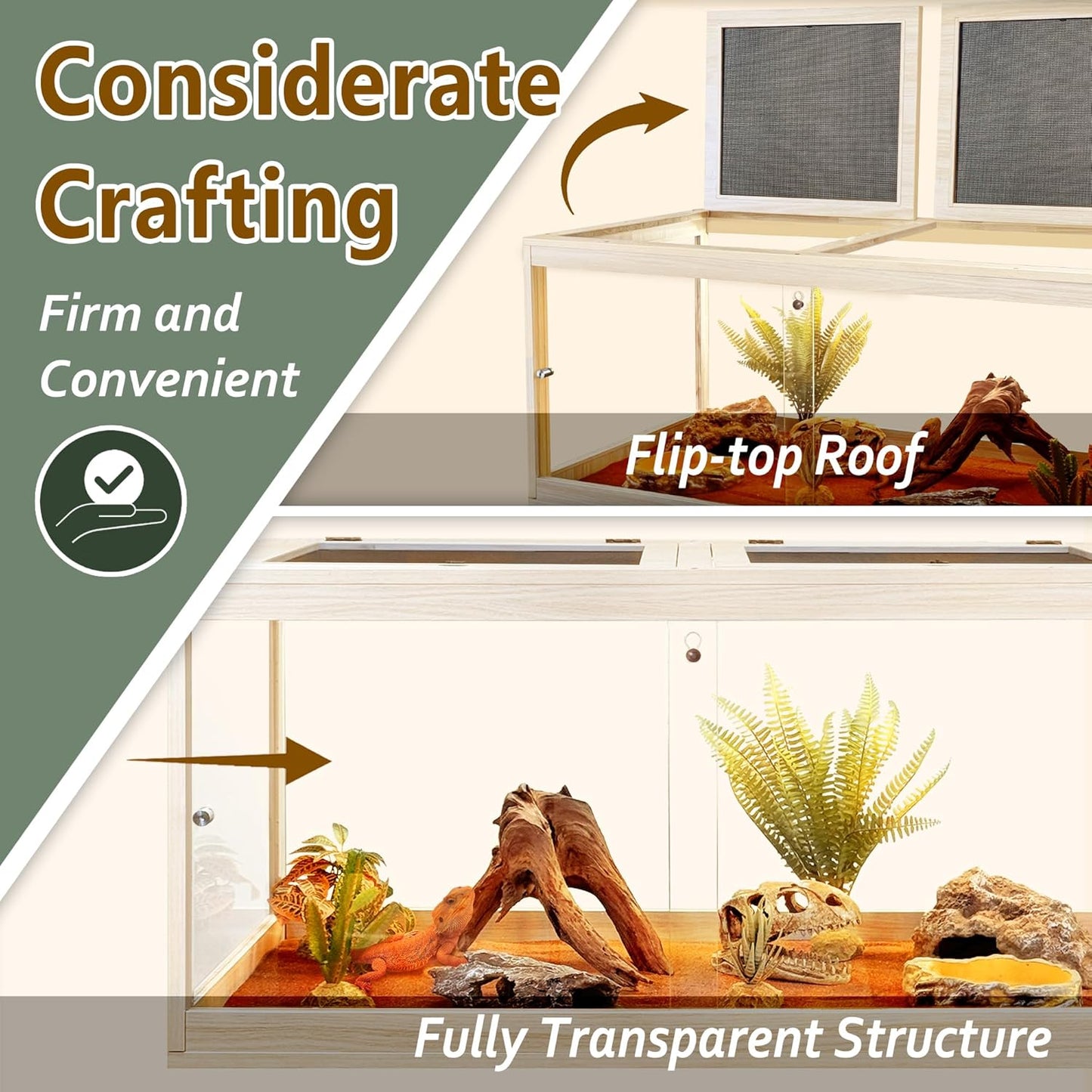 PROLEE Tempered Glass Bearded Dragon Tank,63 Gallon Reptile Tank with Meatl Mesh Roof and Front Sliding Door, Anti-Scratch Lizard Tank,Spacious Reptile Enclosure for Snakes,Lguanas, Chameleons (Oak)