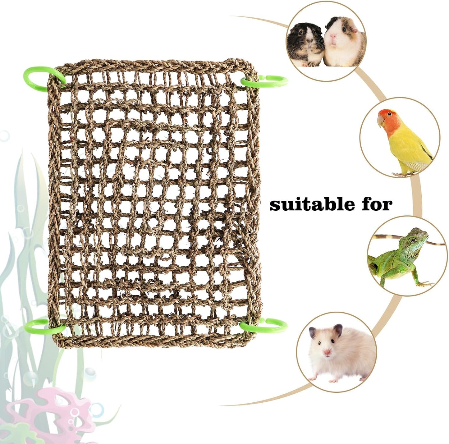 16 x 12 Inches Bird Seagrass Mat, Natural Seagrass Woven Net, Bird Hammock Mat with Hooks, Bird Cage Accessories, Climbing Rope Ladder Chew Toys for Cockatiel Hamster Guinea Pig Rats Hamster Parakeet