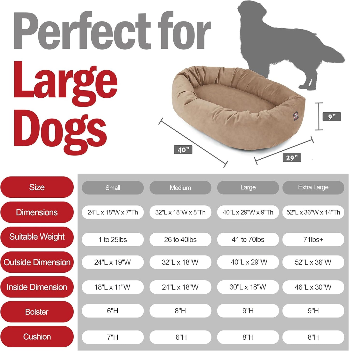 Majestic Pet 40 Inch Suede Shredded Memory Foam Mix Calming Large Dog Bed Washable 40 x 29 x 9 (Inch) - Cozy Soft Round Donut Dog Bed with Spine for Head Support - Pet Bed Stone