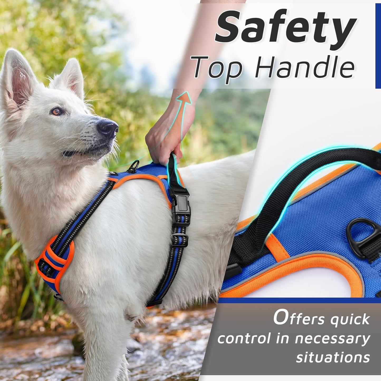 Eagloo Dog Harness for Large Dogs, No Pull Service Vest with Reflective Strips and Control Handle, Adjustable and Comfortable for Walking, No Choke Pet Harness with 2 Metal Rings, Blue & Orange, XL