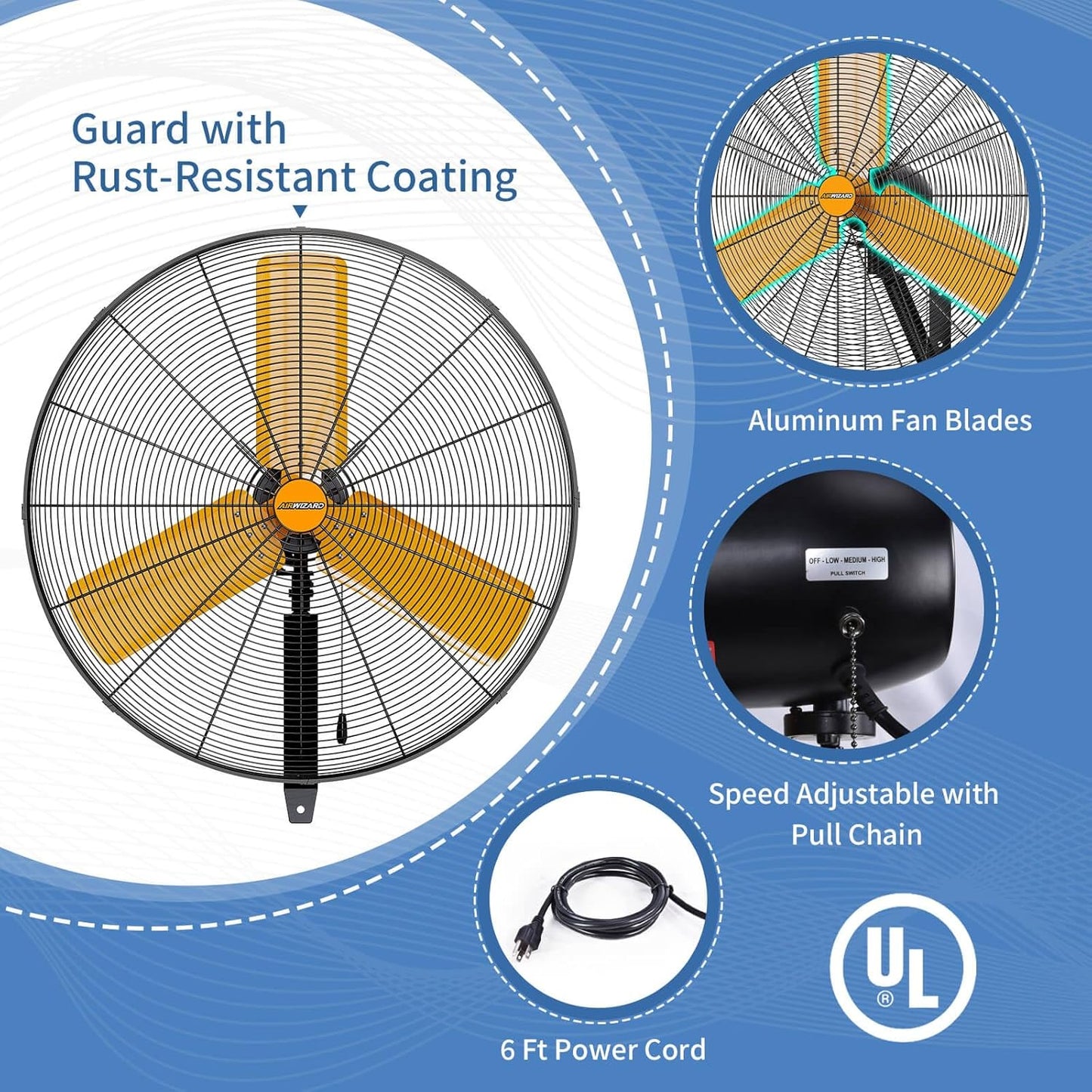 24 inch Oscillating High Velocity Wall Mount Fan, 7600 CFM Industrial Heavy Duty Metal Wall Fan, 3 Speeds, Adjustable Height and Tilt, Commercial Shop Fans for Garage, Workshop