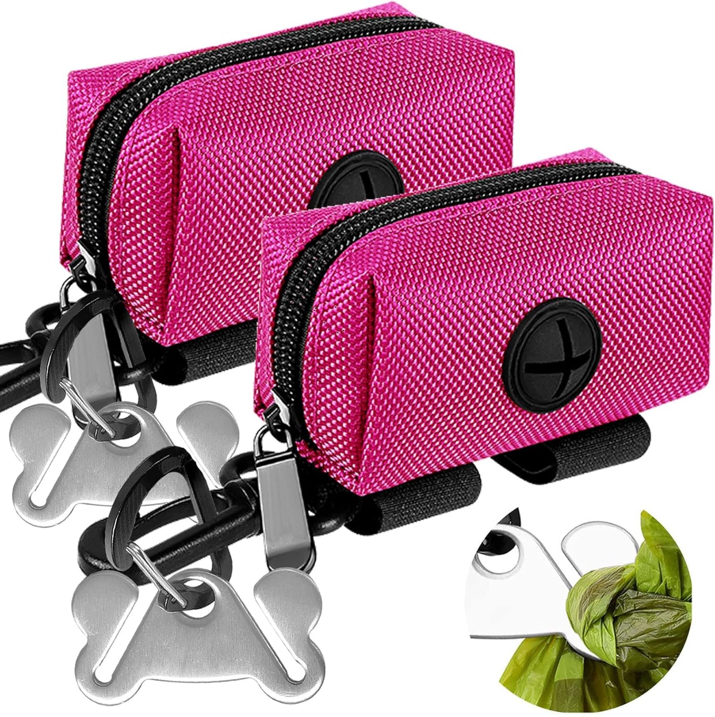 Dog Waste Bag Dispenser Pet Poop Bags Holder for Doggie Waste Bags Dispensers Soft Fabric Zipper Small Doggy Puppy Pouch for Leash Accessory Attachment with Carrier,2PC Pink