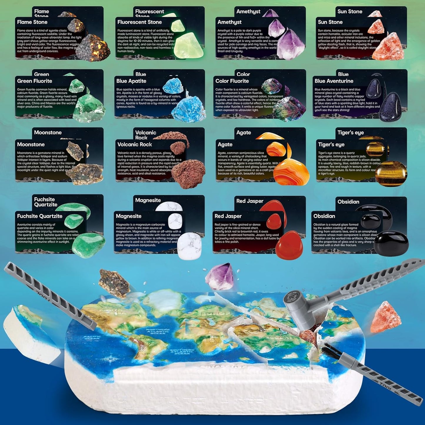 World Map Dig Kit - Gem Rocks Excavation Kit, Gemstone for Kids, Fossil Rock Toys Dig Kits for Collection, World Map Toys for Boys Girls 6 and up Year Old Birthday Gifts