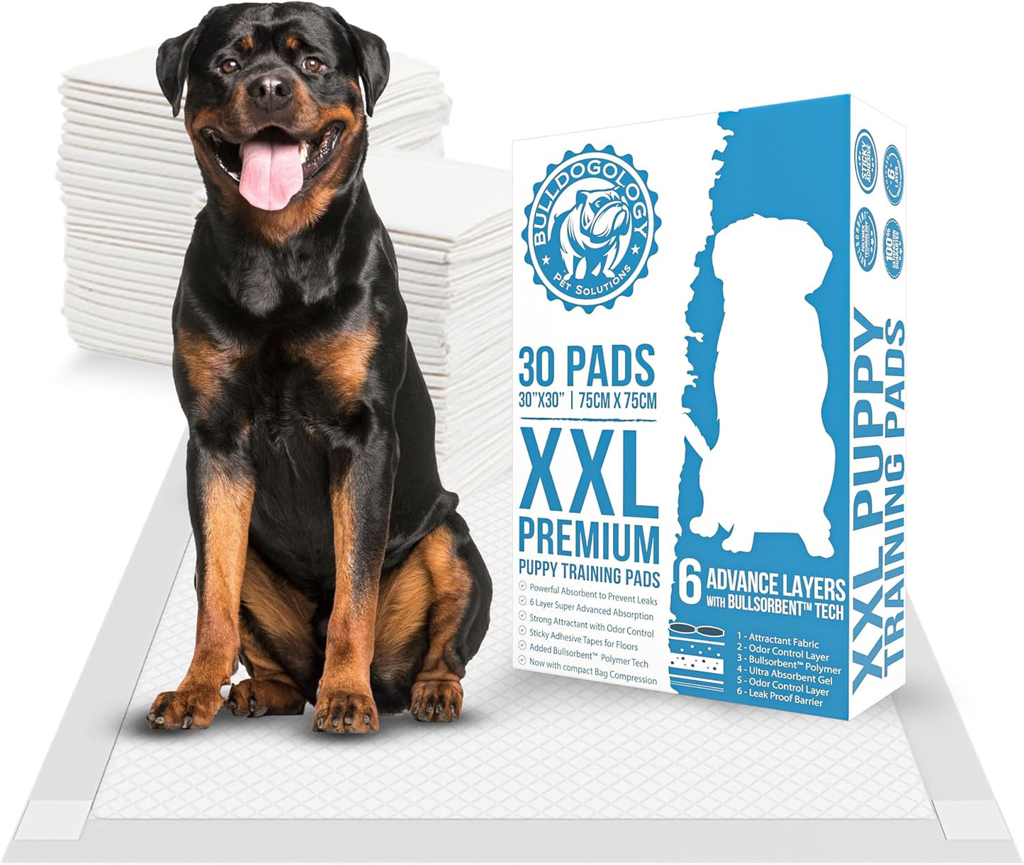 Bulldogology Puppy Pee Pads XXL with Adhesive Sticky Tape - Extra Large Dog Training Wee Pads (30x30) 6 Layers with Extra Quick Dry Bullsorbent Polymer Tech (30-Count, White)