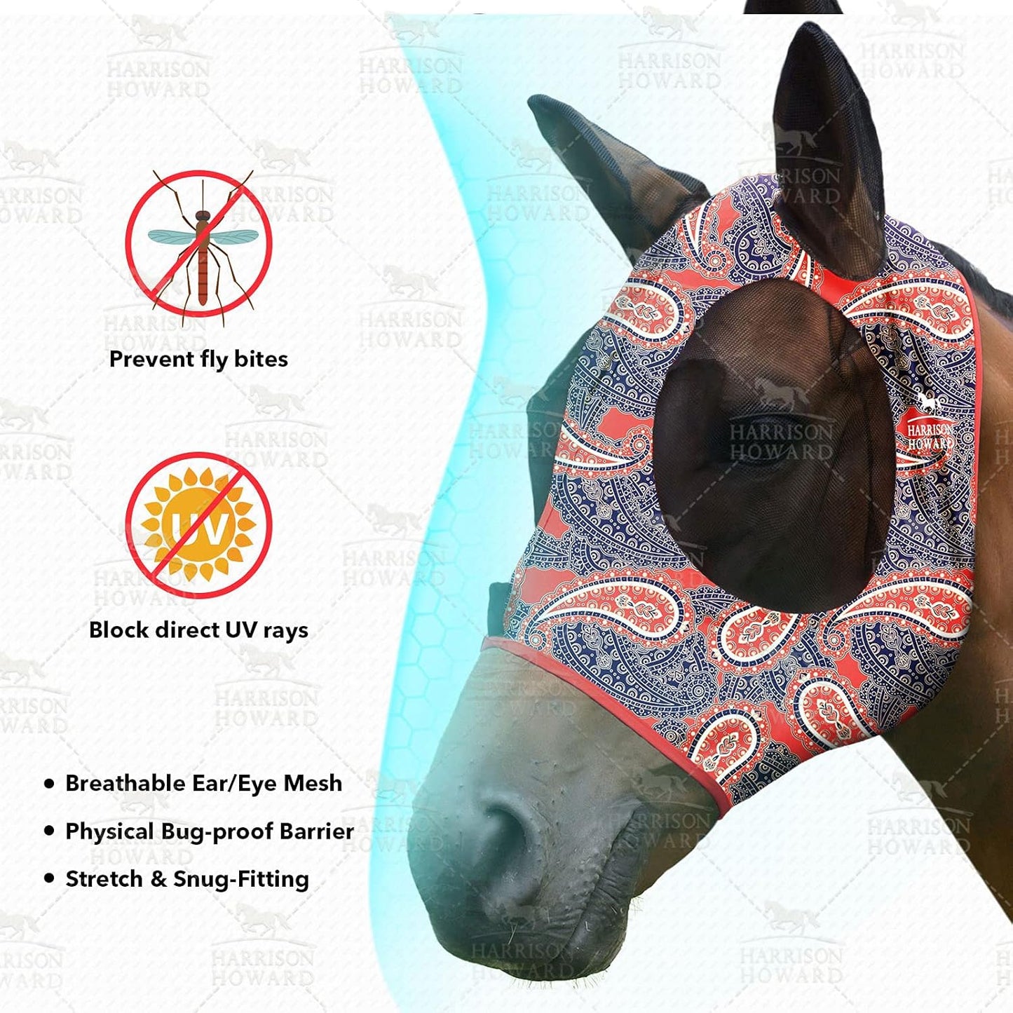Harrison Howard Super Comfort Stretchy Fly Mask Large Eye Space with UV Protection Soft on Skin with Breathability Orange Paisley Full Size