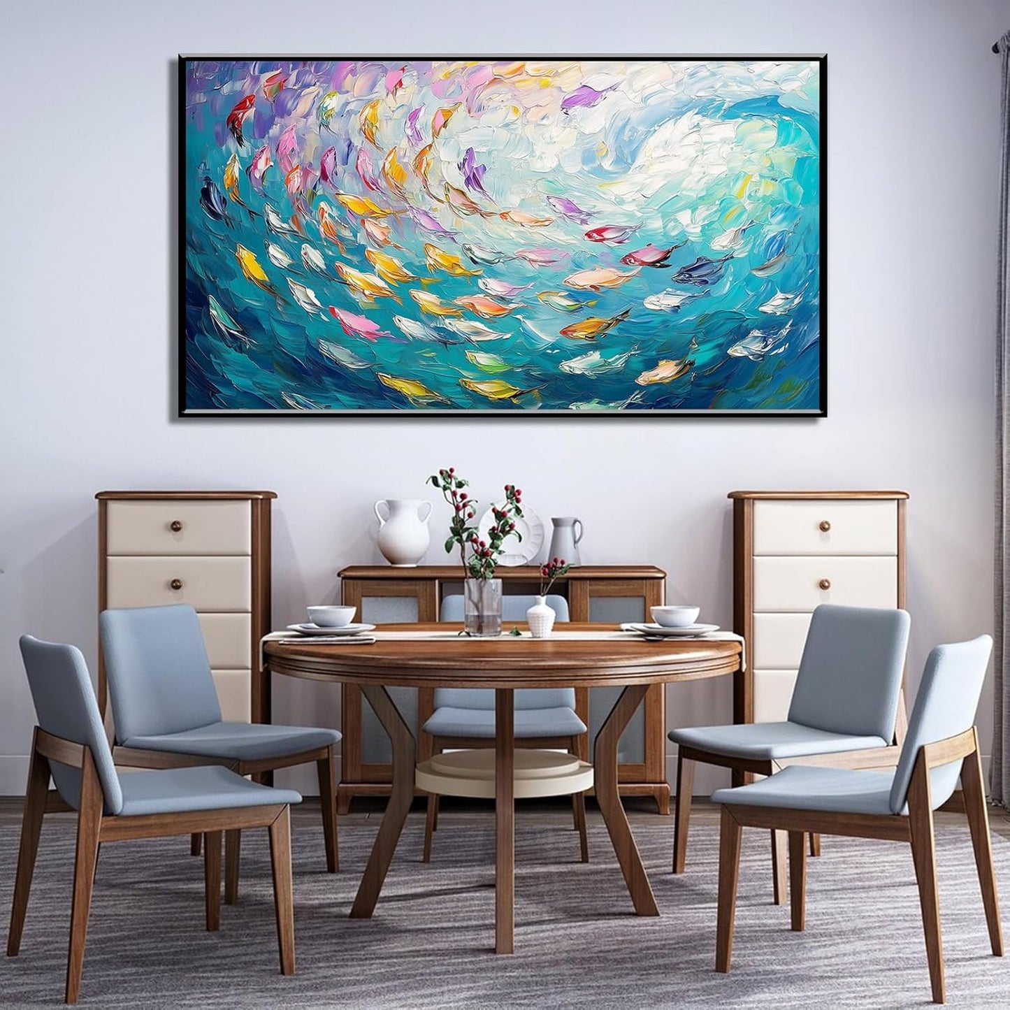 Fish Canvas Wall Art, Abstract School of Fish Canvas Wall Art, Ocean Picture Print, Sea Life Print Decor, Nautical Painting, Living Room, Bedroom, Bathroom Decor (Gold Framed, 23"x13" | 60x35cm)