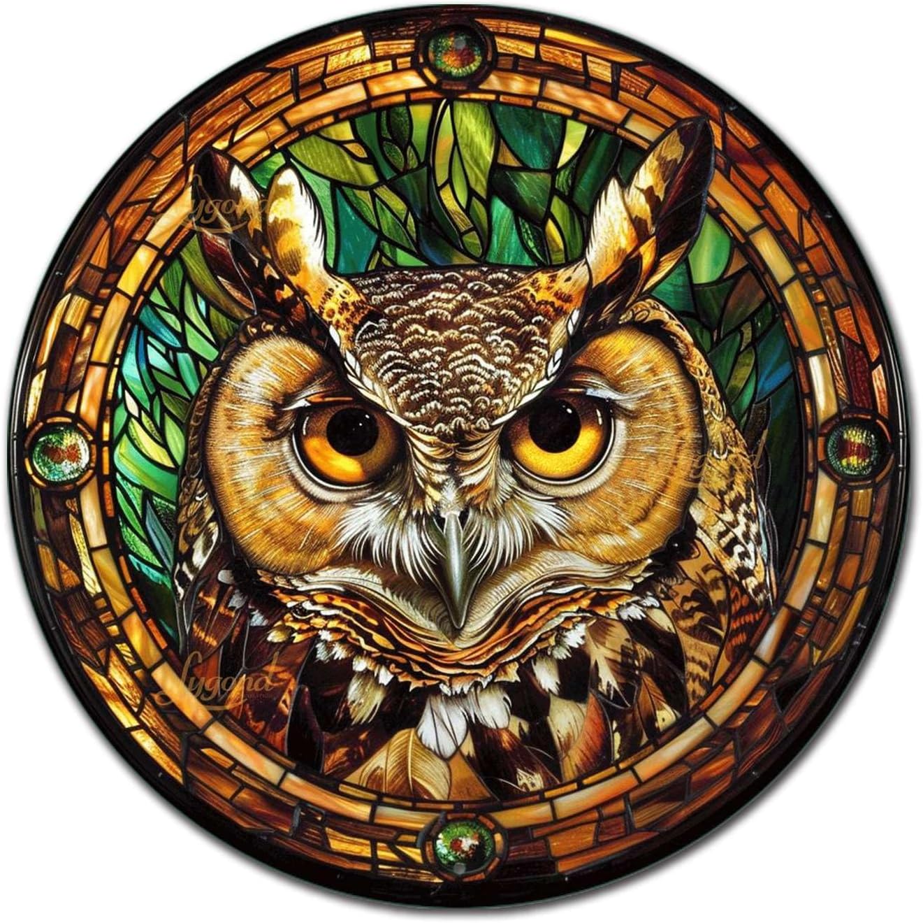 Lygond Metal Sign Tin Sign Circular Stained Glass Owl Home Deccor Store Home Decor for Patio 12×12 Inches