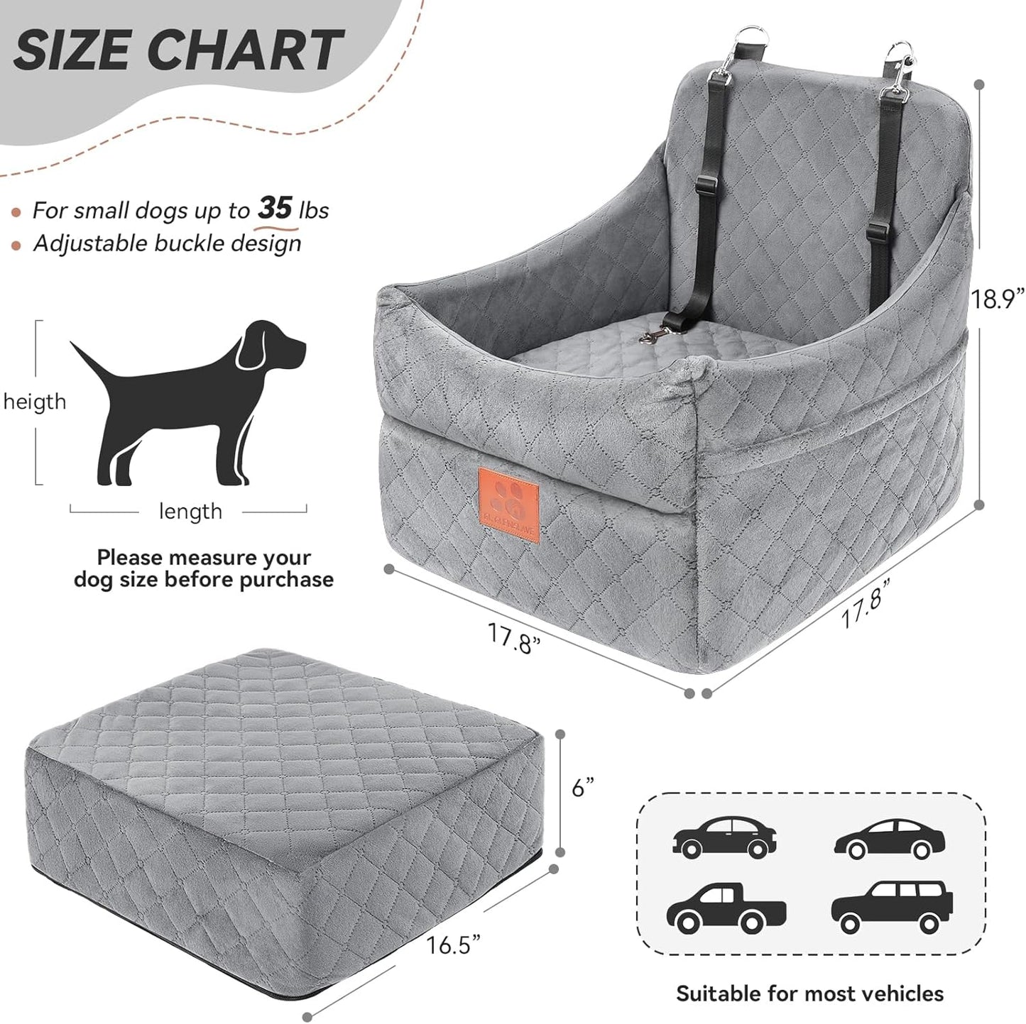 Dog Car Seat for Small/Medium Dogs, Dog Booster Car Seats with Thick Cushion for Dogs Under 35lbs, Detachable Washable Pet Car Seat with Storage Pockets, 2 Safety Belts