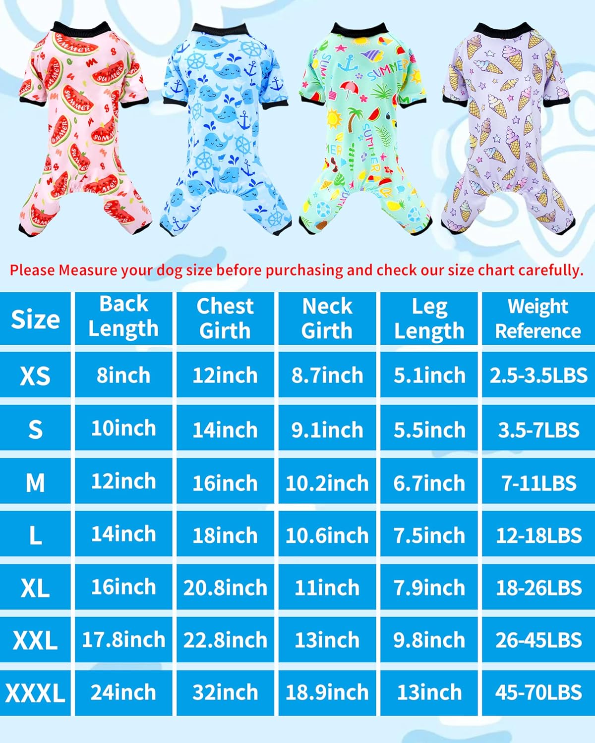 PET SHOW 4 Pack Small Dog Pajamas Watermelon Doggies Soft Stretchy PJs Whale Ice Cream Jumpsuit Puppy Cats Girl Boy Floral Onesies Outfits with Sleeve Pets Breathable Summer Dog Clothes Costume XS