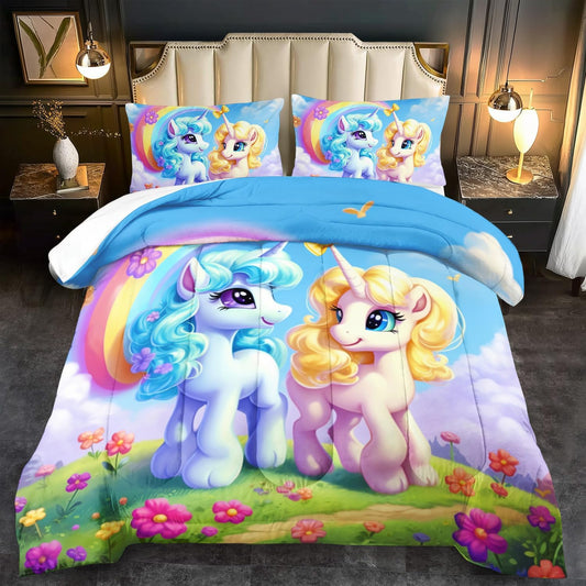 Unicorn Comforter Set King,Kawaii Unicorn Bedding Set King Kids,Rainbow Comforter Blue Bedroom Decor,Cute Animal Bedding Rainbow Bed Decor for Girls,Cartoon Blue Floral Quilt