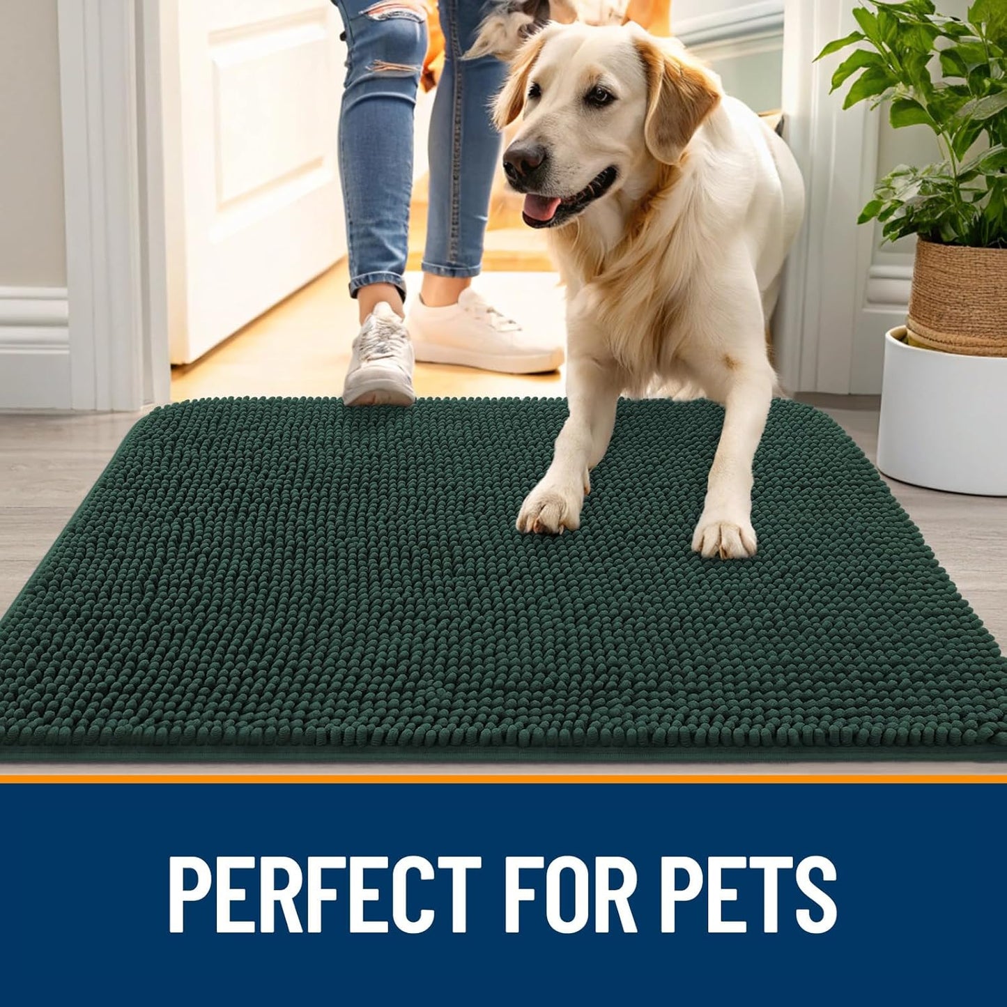 OLANLY Dog Door Mat for Muddy Paws 36x24, Absorbs Moisture and Dirt, Absorbent Non-Slip Washable Doormat, Quick Dry Chenille Mud Mat, Entry Indoor Entryway Carpet for Inside Floor, Blackish Green