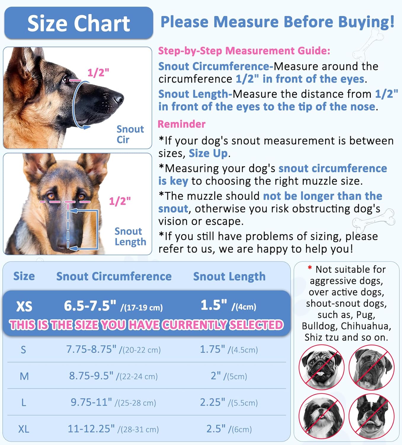 LUCKYPAW Soft Muzzle for Small Medium Sized Dogs, Dog Muzzle to Prevent Biting Chewing, Adjustable Breathable Mouth Guard for Grooming Walking Training(Blue, XS)