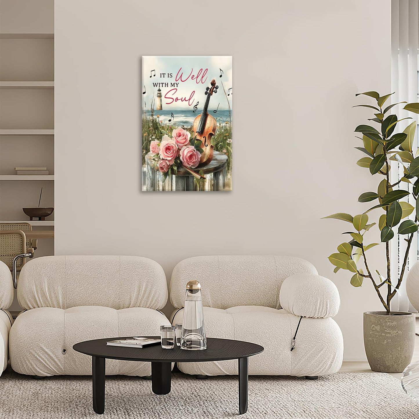 Violin Pictures Wall Art, Music Rustic Country Inspirational Bathroom Wall Decor, Coastal lighthouse Framed Painting Rose Aesthetics Canvas Artwork for Bedroom Living Room Decorations 24"L x 16"W