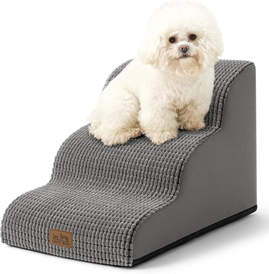 Dog Stairs for Small Dogs 15.7" H, Curved Dog Step for Puppy, Older Cat, Medium Pet Ramp for Sofa, Couch or Chair, Ladder with High Density Foam, 15.7x22.4x15.7 inch, 3 Step, Light Grey
