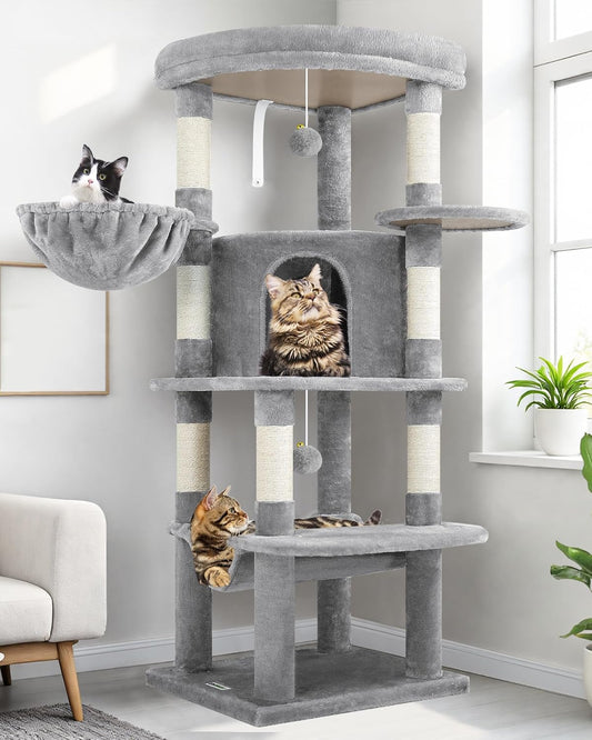 Globlazer Corner Cat Tree Tower for Indoor Cats, 51in Multi-Level Cat Condo Tower with Large Hammock, 7 Sisal Scratching Posts, Oversized Top Perch, Spacious Cat Cave, Hanging Basket, C51, Light Gray