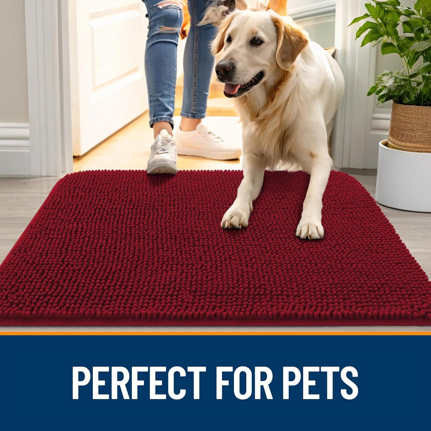 OLANLY Dog Door Mat for Muddy Paws 47x17, Absorbs Moisture and Dirt, Absorbent Non-Slip Washable Doormat, Quick Dry Chenille Mud Mat for Dogs, Entry Indoor Entryway Carpet for Inside Floor, Red