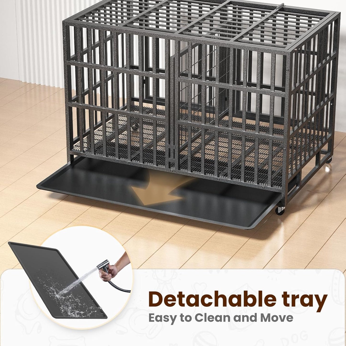 48 Inch Heavy Duty Indestructible Double Dog Crate Steel Escape Proof,Indoor Three Doors Cage,Kennel with Wheels,Removable Tray and Baffle
