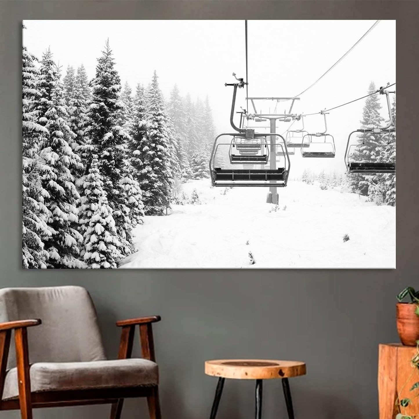 Nature Wall Art Prints - Ocean Forest Mountain Lake Canvas Landscapes - Small to Extra Large Living Room Bedroom Kitchen Bathroom Décor (Ski Lift on Snowy Mountain, 24L" x 36W")