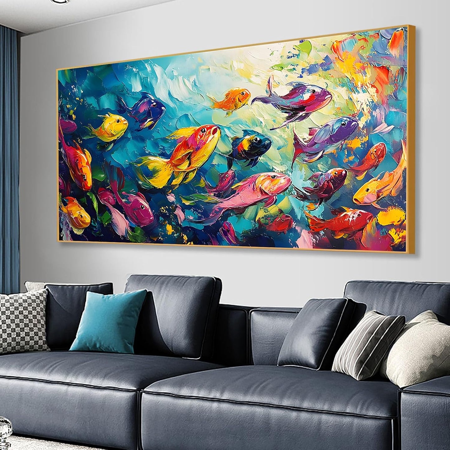 School of Fish Printed Canvas Wall Art – Framed Abstract Ocean Print – Vibrant Fish Wall Decor for Living Room, Bedroom, Office (Gold Framed, 62"x31"|160x80cm)