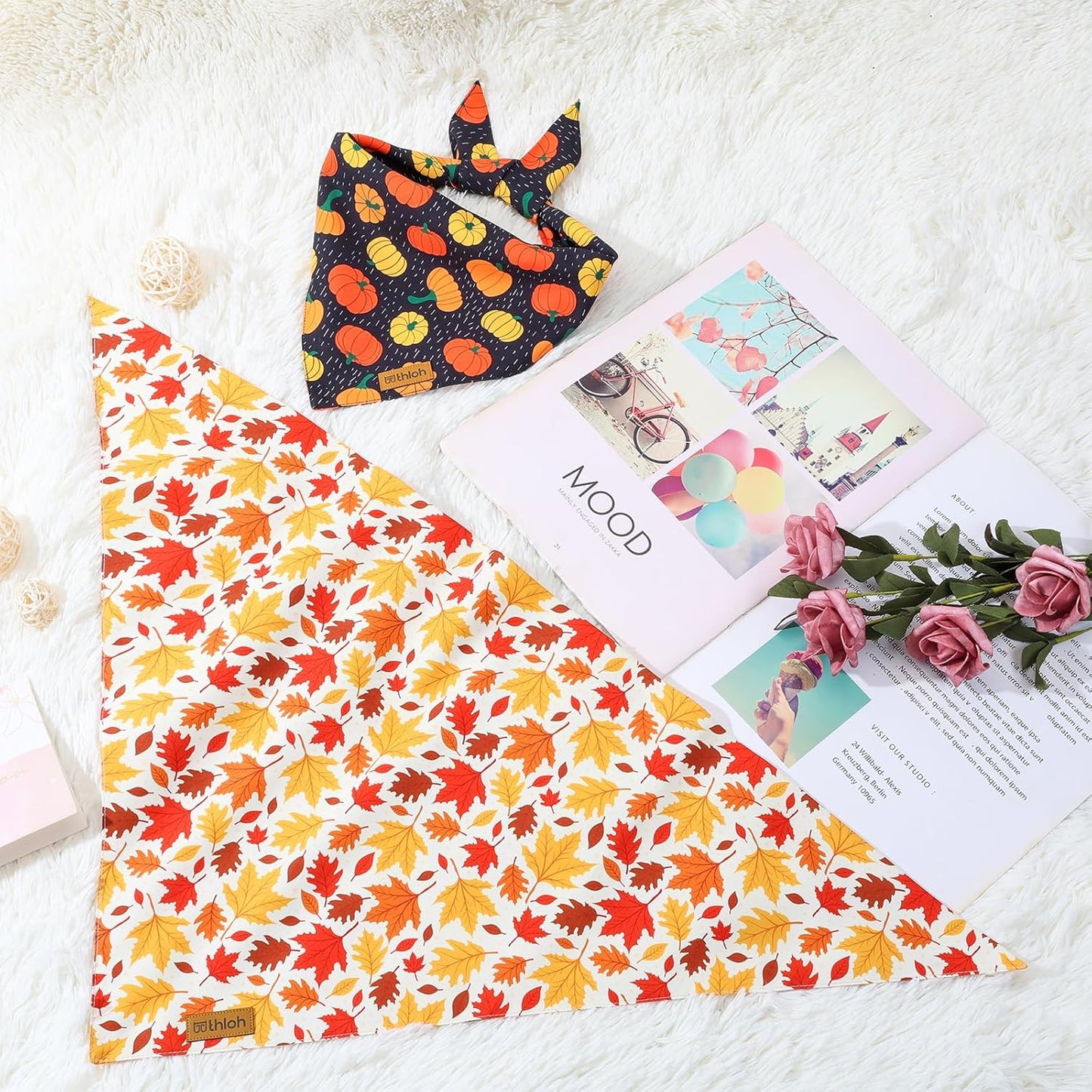 Fall Dog Bandanas - 2 Pack Halloween Thanksgiving Dog Bandana | Reversible Pumpkin and Leaf Pet Scarf for Boy & Girl | Premium Durable Fabric | Holiday Bandana for Medium and Large Dogs (Large)