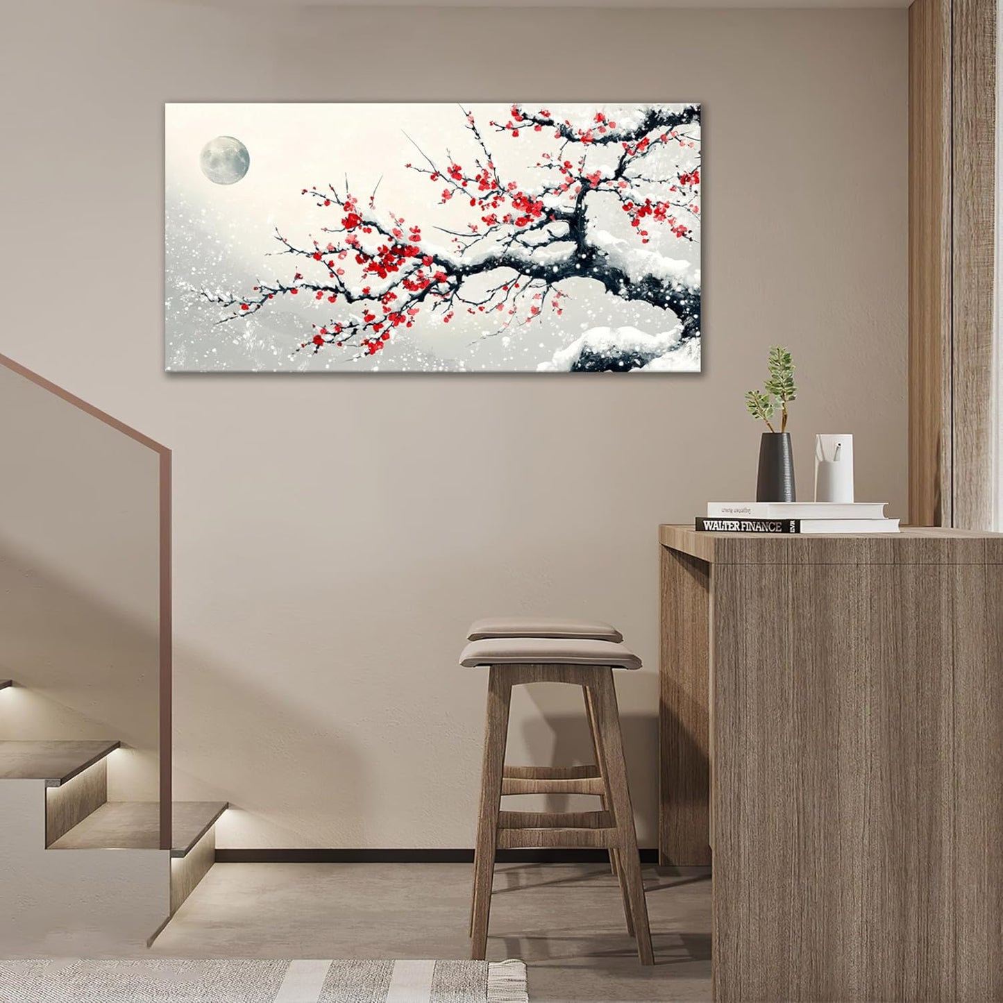 Large Flower Blossom Wall Art Snow Winter Canvas Living Room Chinese Floral Pictures Framed Prints Oversize Japanese Wall Decor Painting Artwork for Bedroom Dining 60"x30"