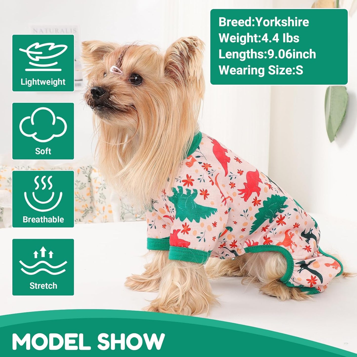 Dog Pajamas Small Sized Dogs Stretchable Summer Dog Clothes Pjs 4 Legs Girl Boy Cute Soft Puppy Outfits Doggie Cat Jammies Jumpsuit Sleeper for Pet, Dinosaur, S