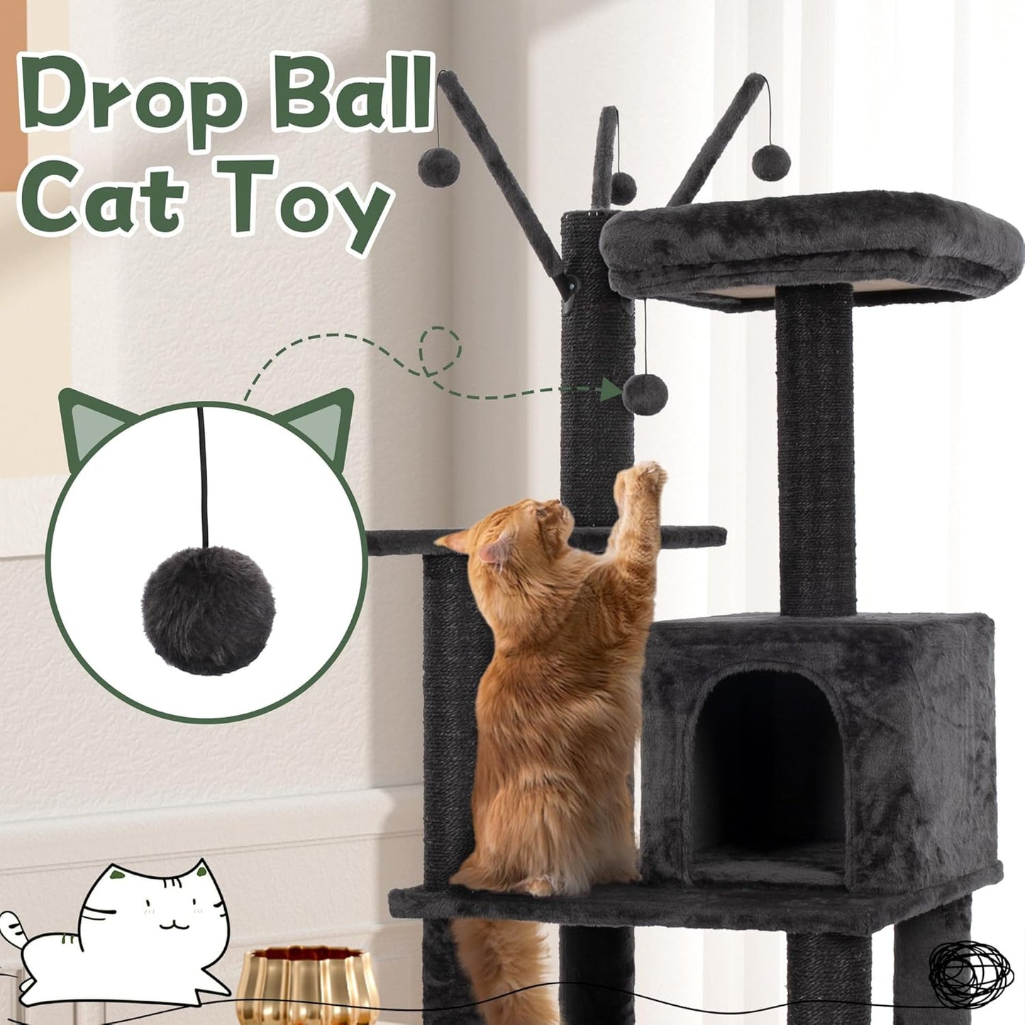 KAMABOKO Cat Tree, 73.6" H Tall Climbing Modern Indoor Play Tower for Large Cats and Kittens, Cats House with Cat Cave Condo, Cat Tree Hammock, Multi-Level Cat Activity Tree, and Cute Scratching Posts