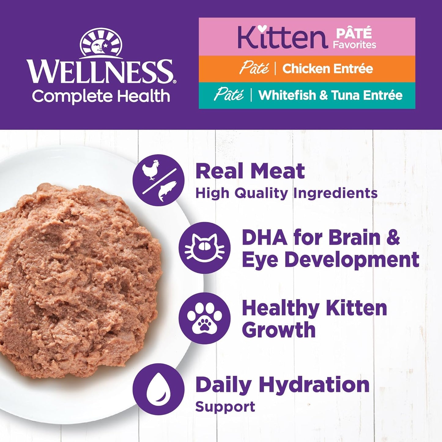 Wellness Complete Health Pate Kitten Wet Cat Food, Natural, Protein-Rich, Grain Free, 3 Ounce, 12 Pack, (Whitefish & Chicken Variety Pack)