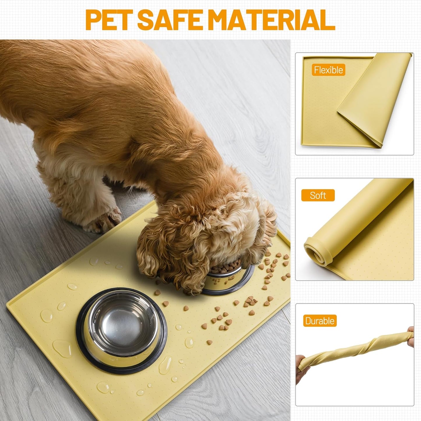 Hubulk Dog Feeding Mat,100% Waterproof Food Grade Silicone Pet Food and Water Bowl Placemat,Dishwasher, High Raised Edge to Prevent Spills,Nonslip Tray to Stop Messes on Floor（28"x18"x0.8", Yellow）